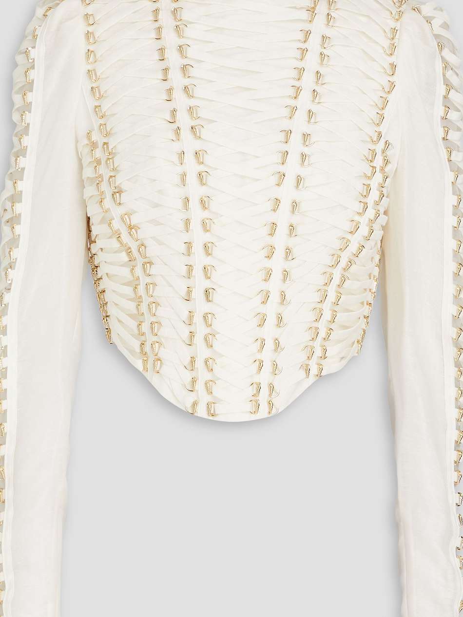 lace-up embellished linen and silk-blend top