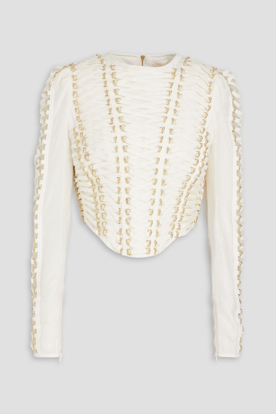 Zimmermann Lace-up Embellished Linen And Silk-blend Top In Ivory