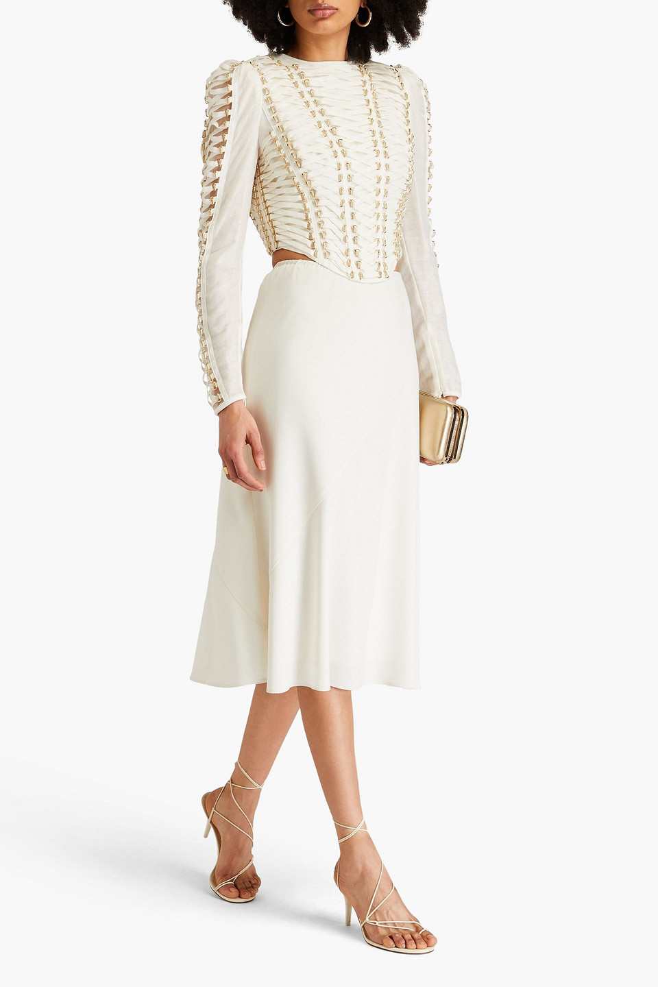 Shop Zimmermann Lace-up Embellished Linen And Silk-blend Top In Ivory