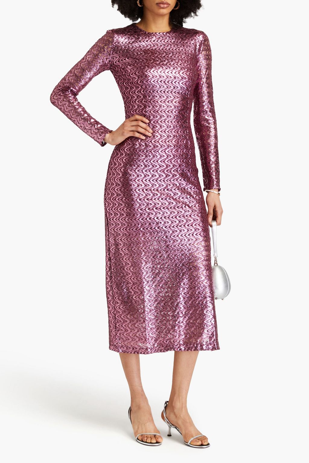MISSONI فستان متوسط الطول من مزيج الصوف بحبكة كروشيه بلون معدني