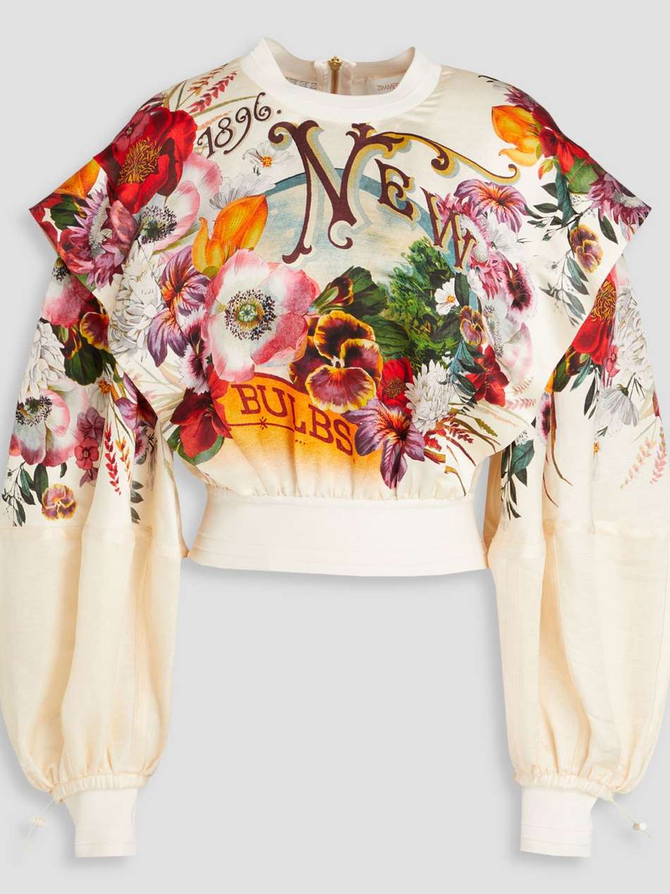 ruffled floral-print linen and silk-blend top