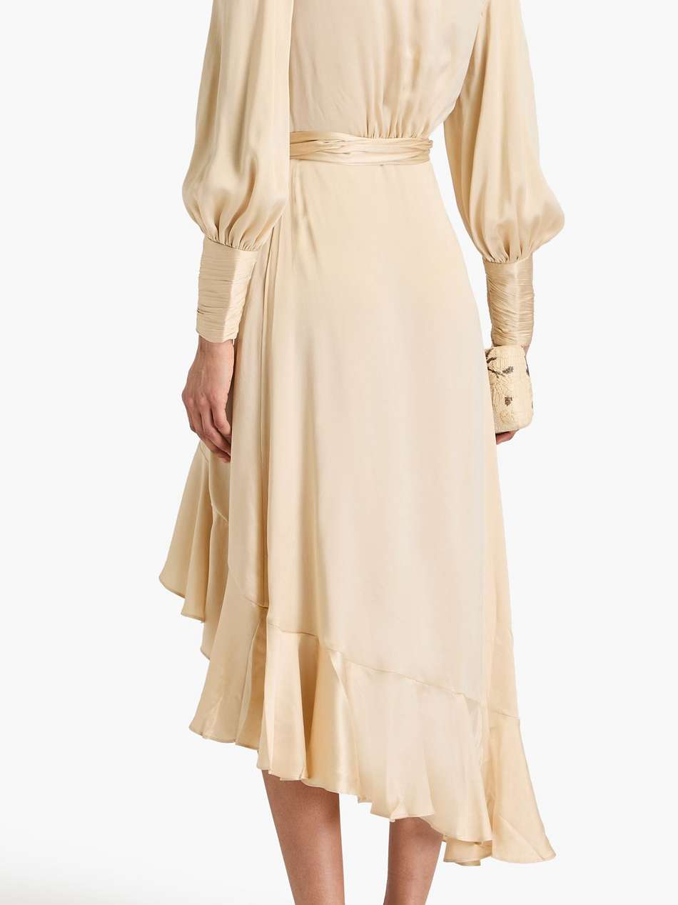 asymmetric ruffled silk-satin midi wrap dress