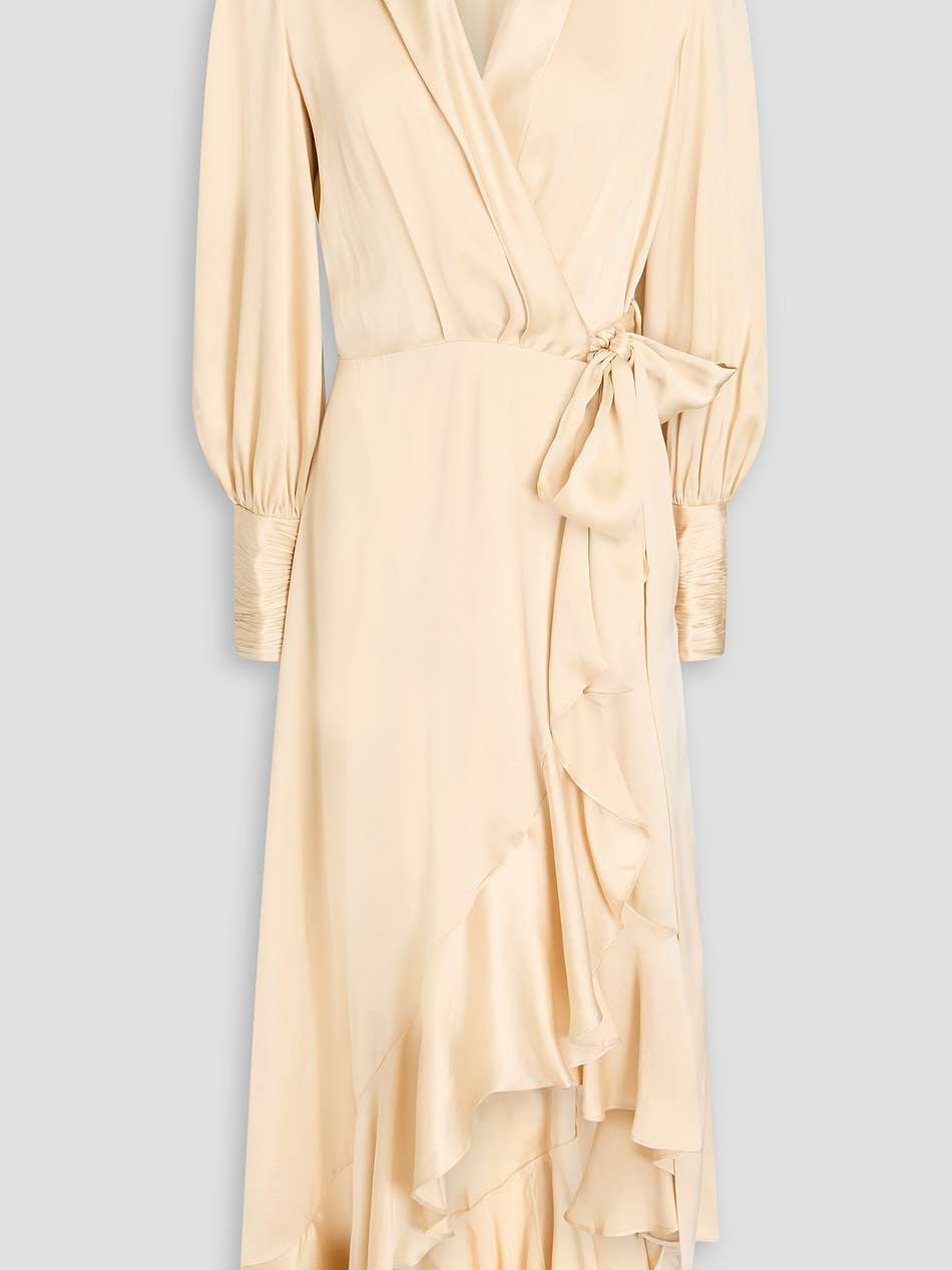 asymmetric ruffled silk-satin midi wrap dress