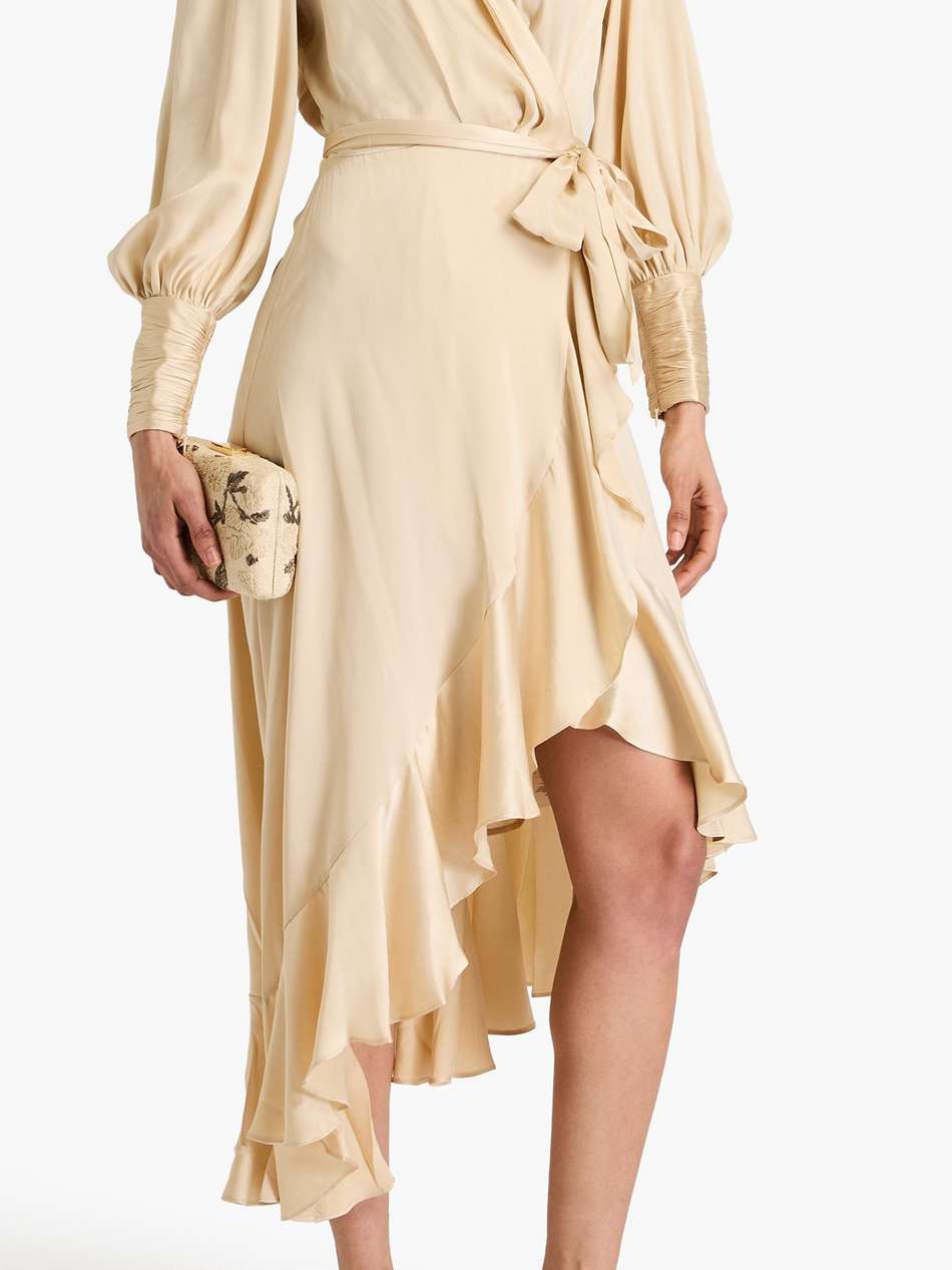 asymmetric ruffled silk-satin midi wrap dress