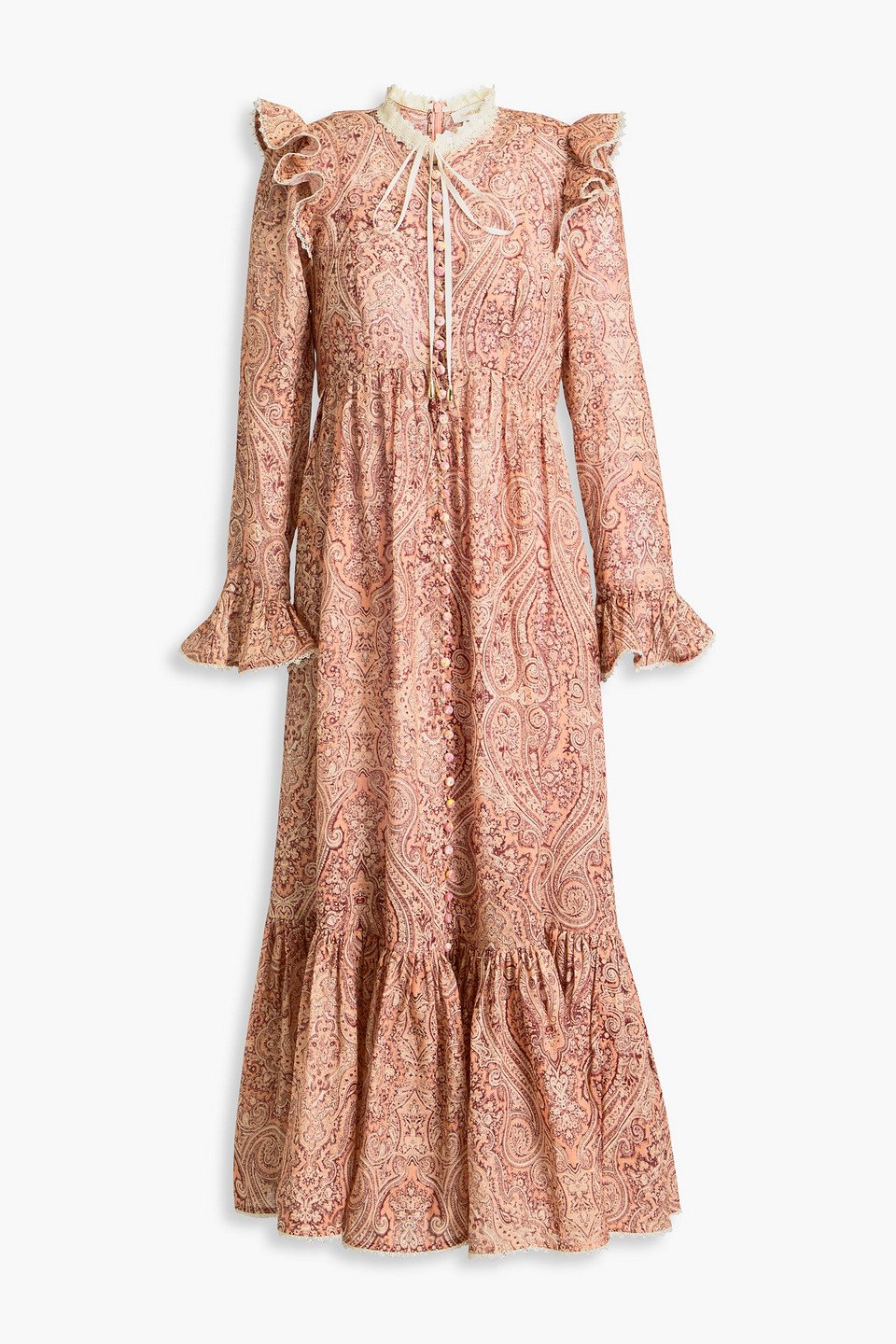 Zimmermann Ruffled Button-detailed Paisley-print Linen Midi Dress In Antique Rose