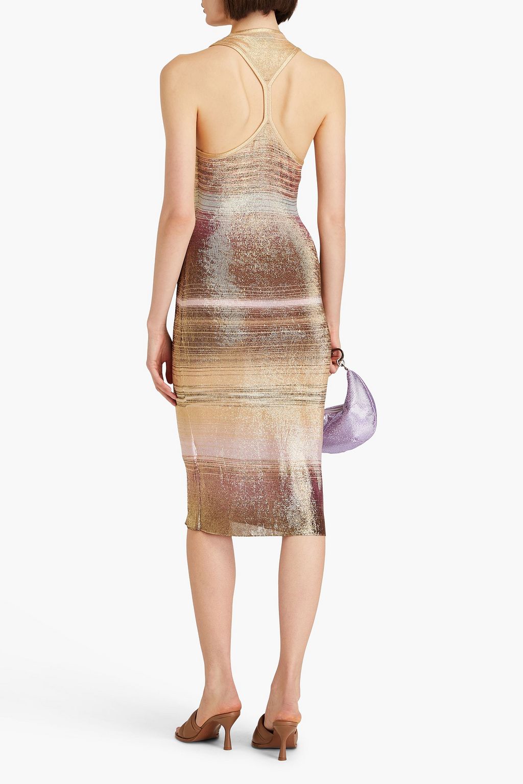 MISSONI فستان متوسط الطول من نسيج محبوك بلون معدني مزين بألوان متداخلة