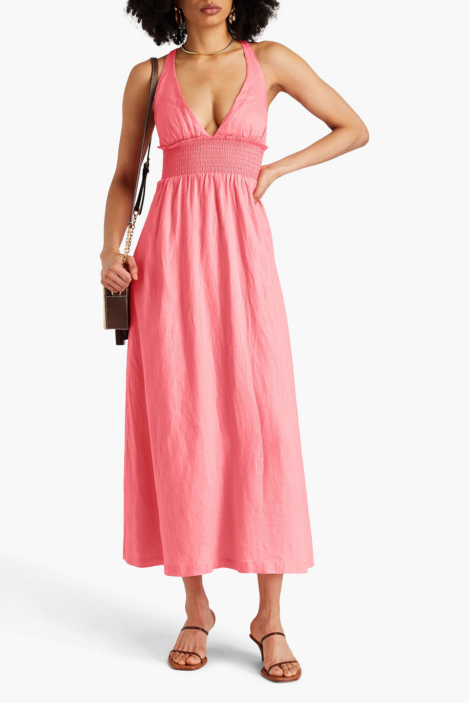 Shop Heidi Klein Lake Garda Smocked Linen Maxi Dress In Pink