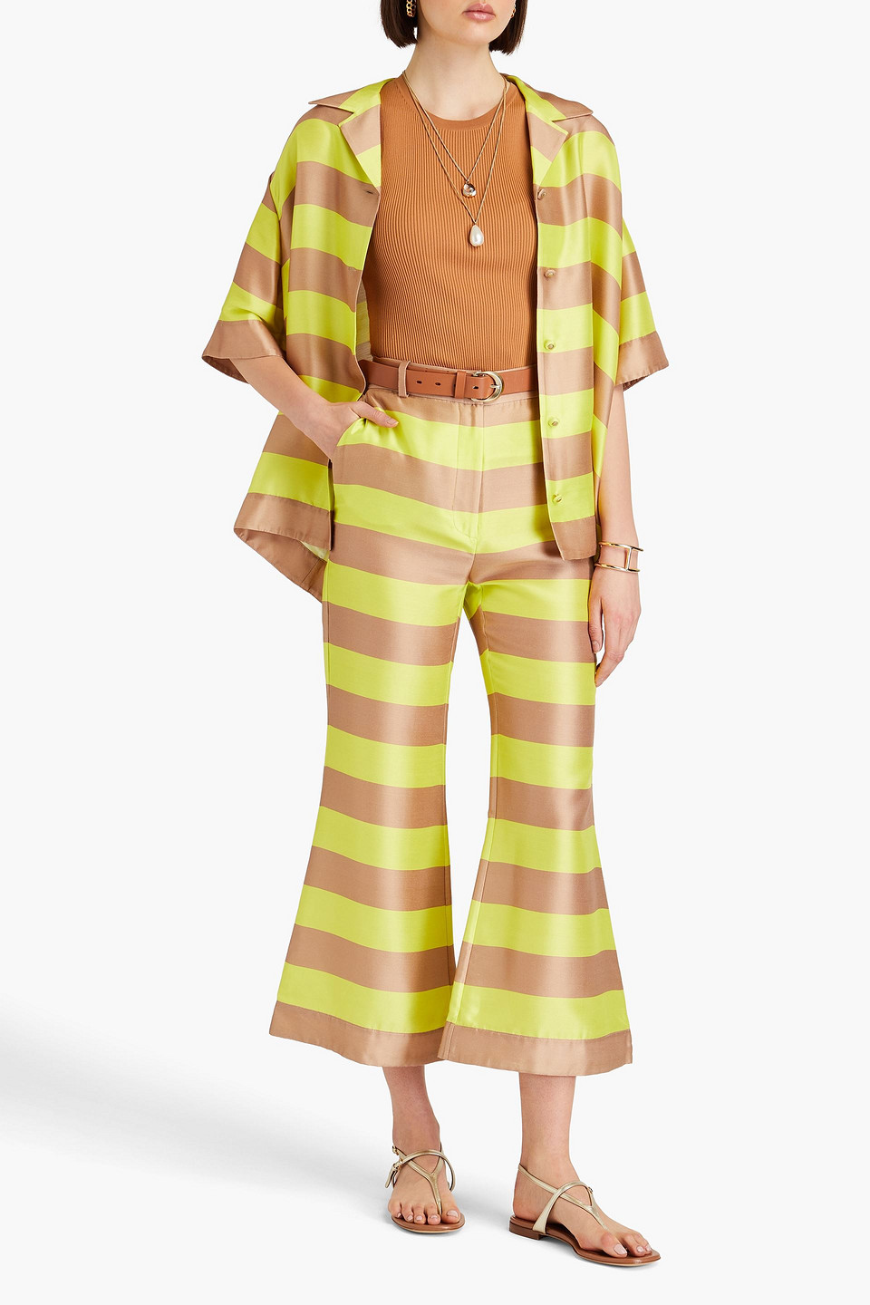 Shop Zimmermann Striped Silk Kick-flare Pants In Lime Green