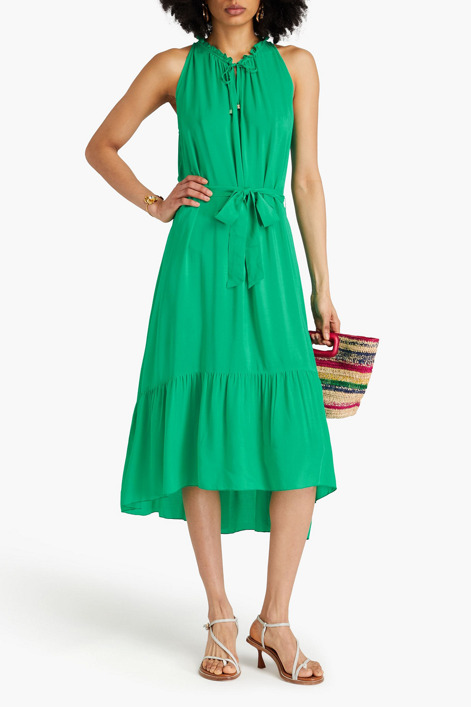 Shop Heidi Klein Belted Gathered Woven Midi Dress In Green