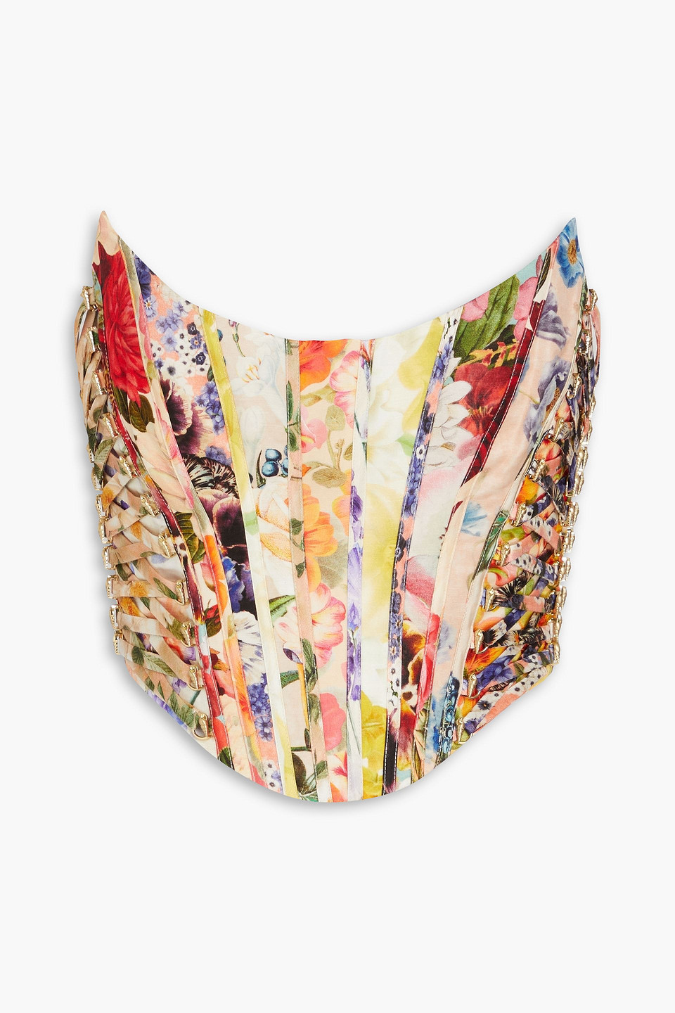 Strapless floral-print linen and silk-blend satin bustier top