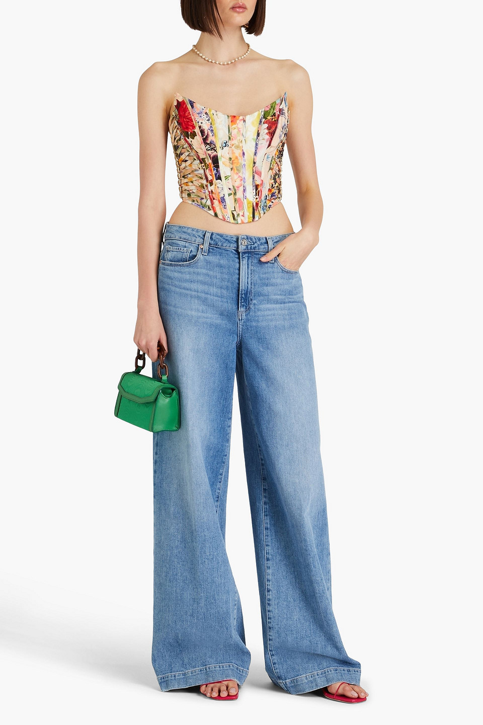 Shop Zimmermann Strapless Floral-print Linen And Silk-blend Satin Bustier Top In Pink