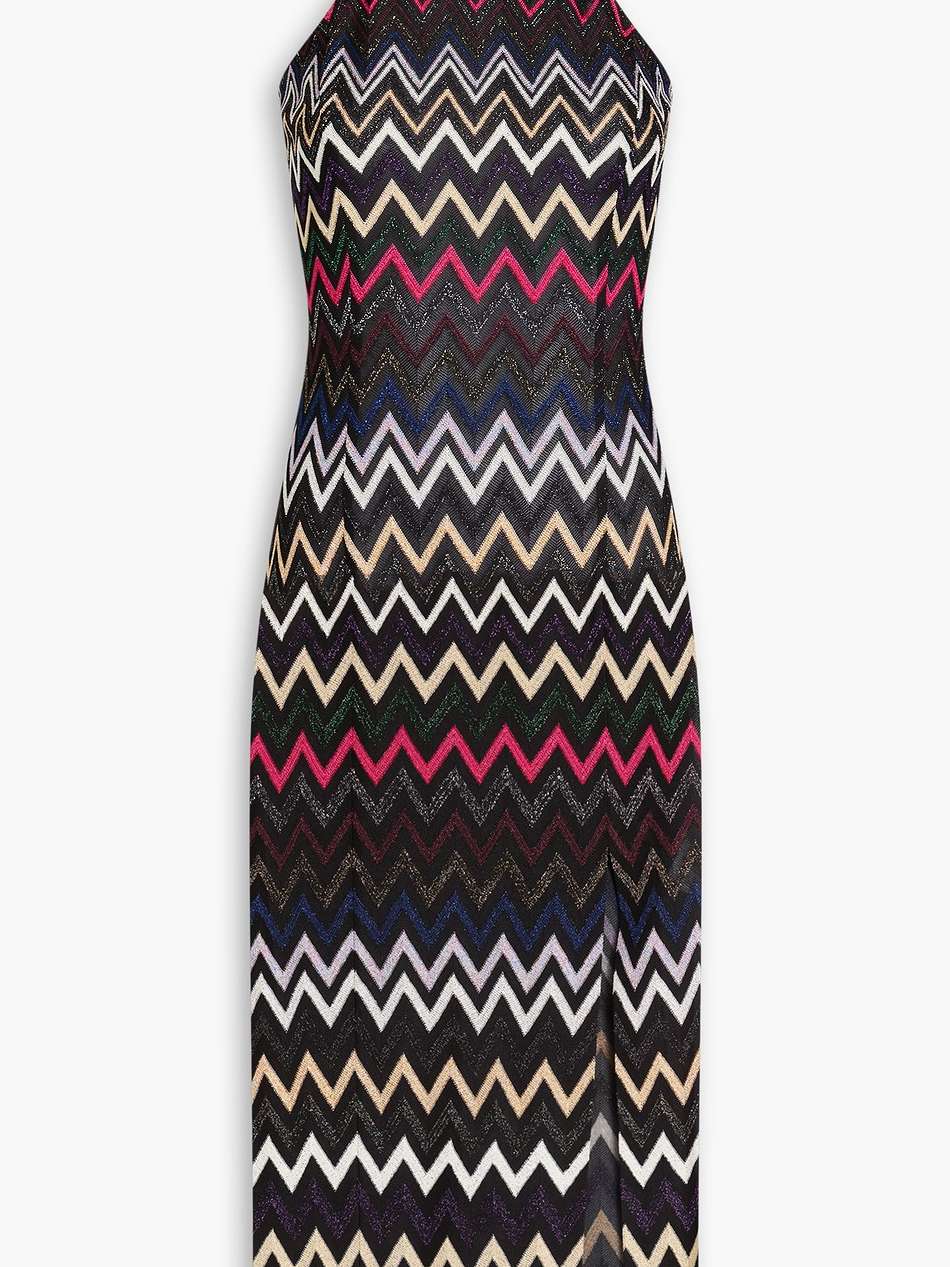 metallic crochet-knit midi dress