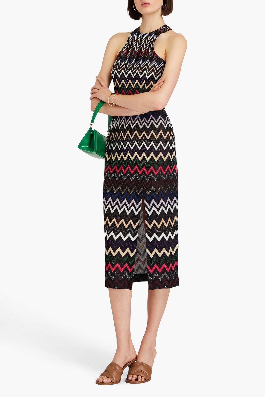 MISSONI فستان متوسط الطول من نسيج بحبكة كروشيه بلون معدني