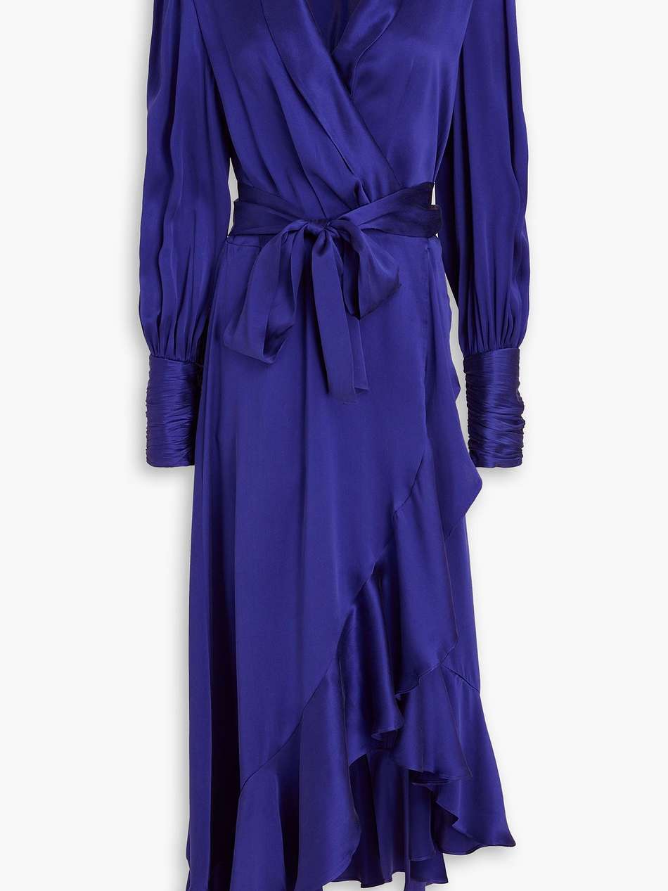 asymmetric ruffled silk-satin midi wrap dress