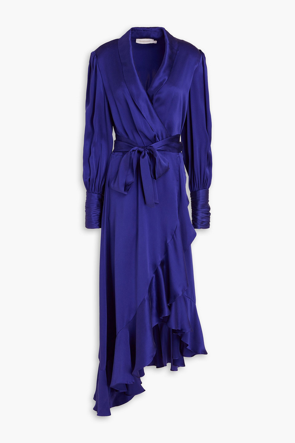 Zimmermann Ruffled Silk-satin Wrap Dress In Indigo