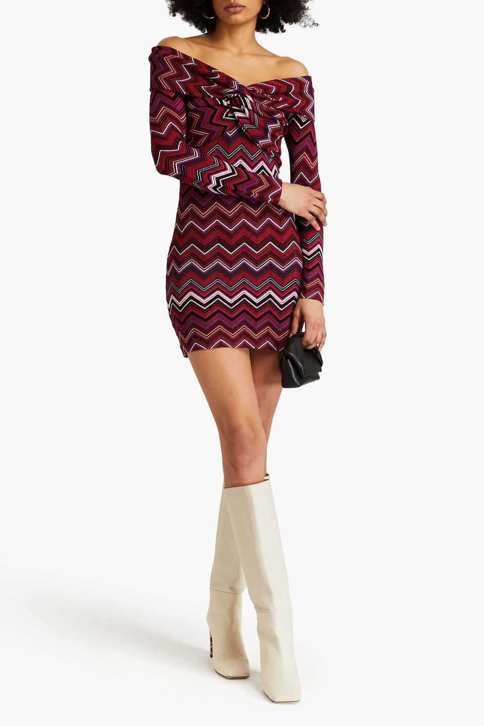 Shop Missoni Off-the-shoulder Twisted Jacquard-knit Mini Dress In Tomatenrot