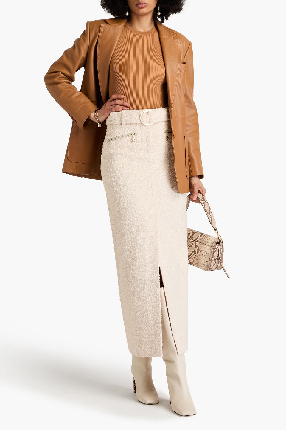 ZIMMERMANN BELTED COTTON-BLEND BOUCLÉ MAXI SKIRT