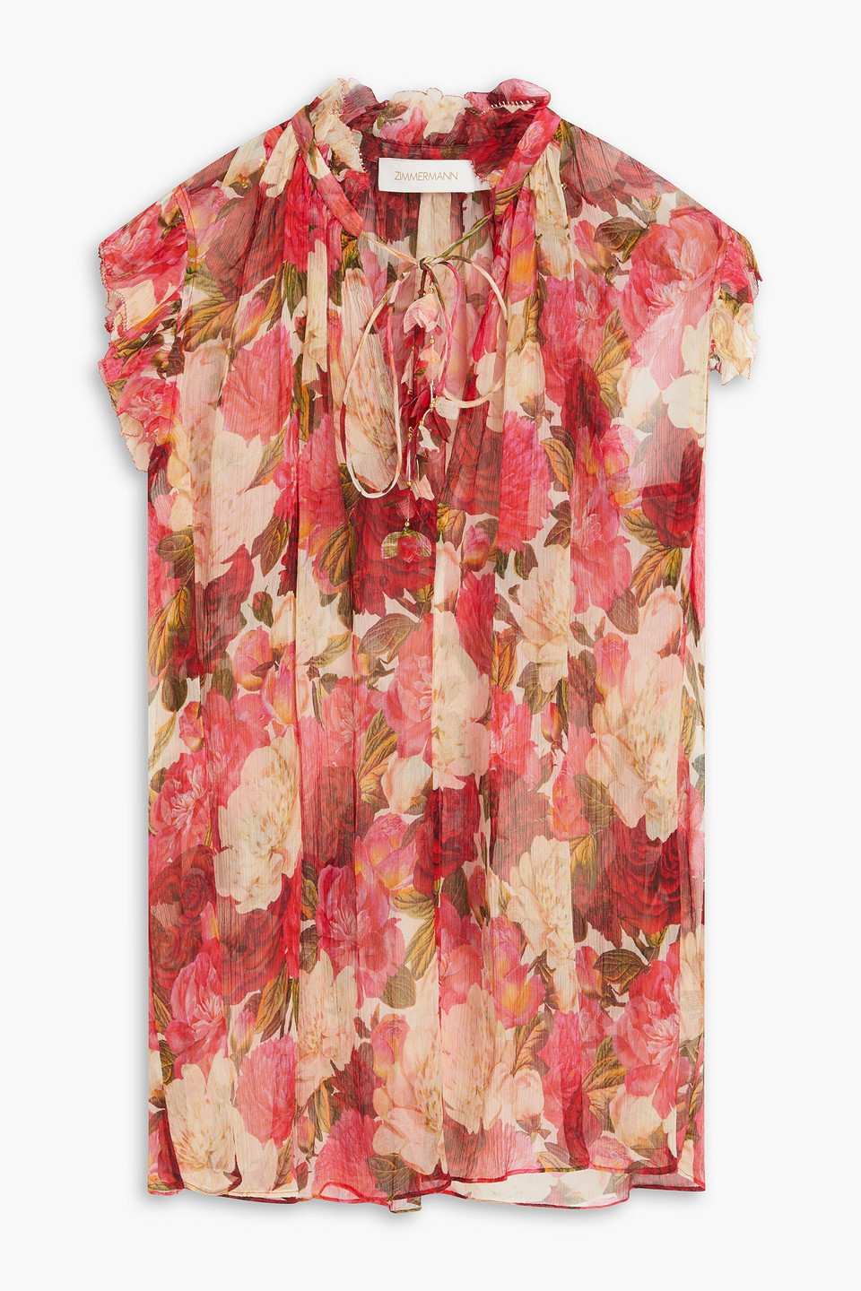 Zimmermann Embellished Floral-print Silk-crepon Top In Red