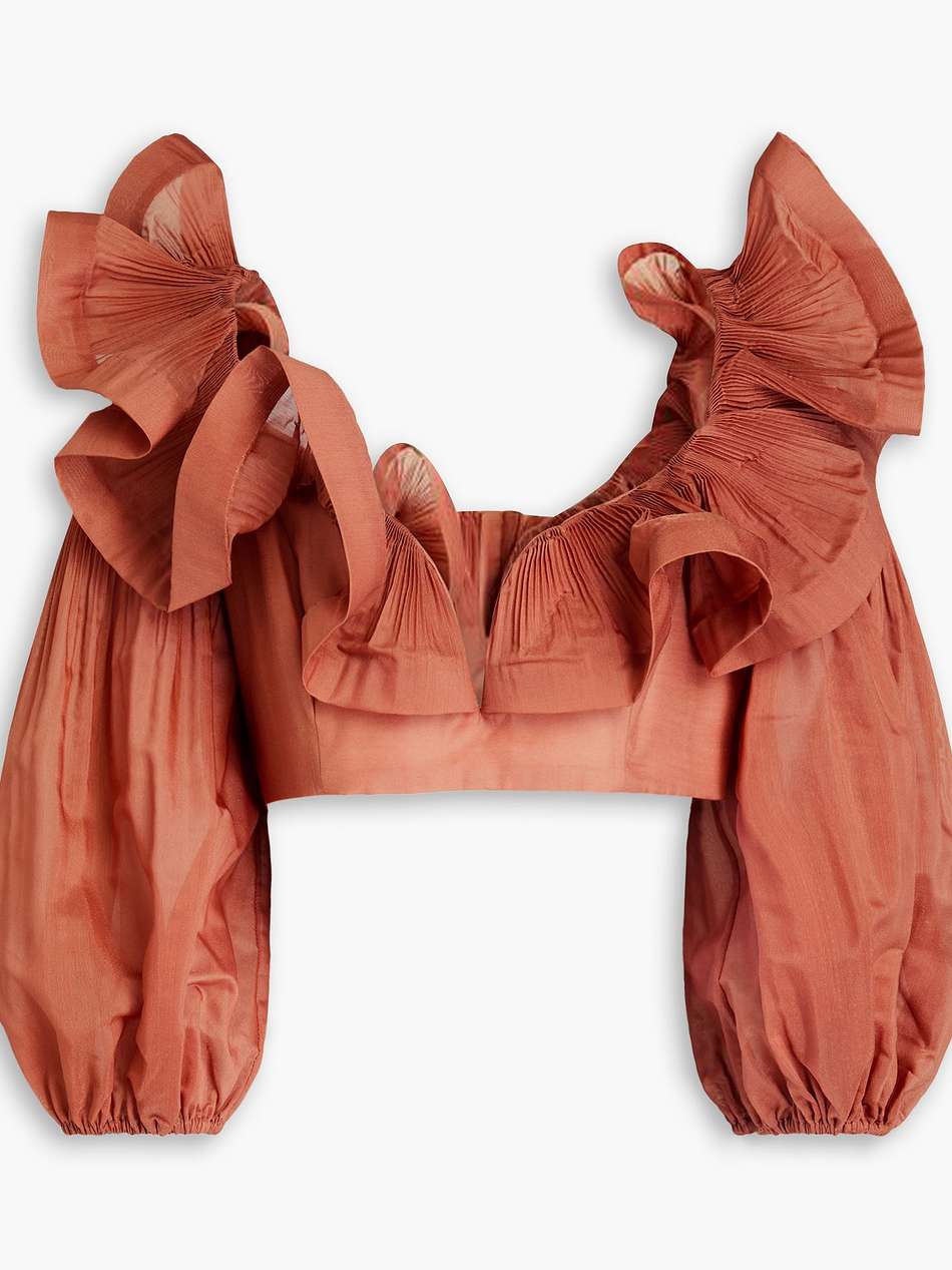 cropped ruffled plissé-organza top