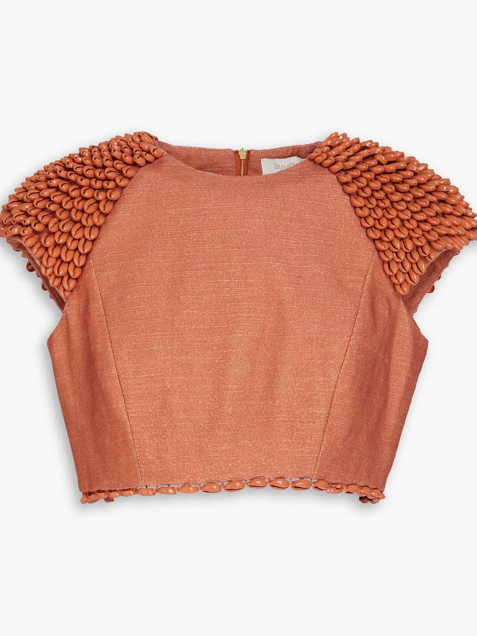 cropped shell-embellished cotton and linen-blend top