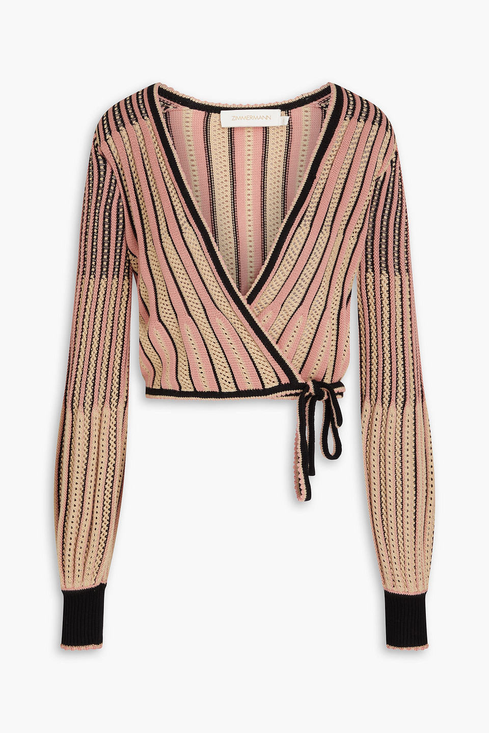 Zimmermann Cropped Striped Pointelle-knit Cotton-blend Wrap Cardigan In Baby Pink