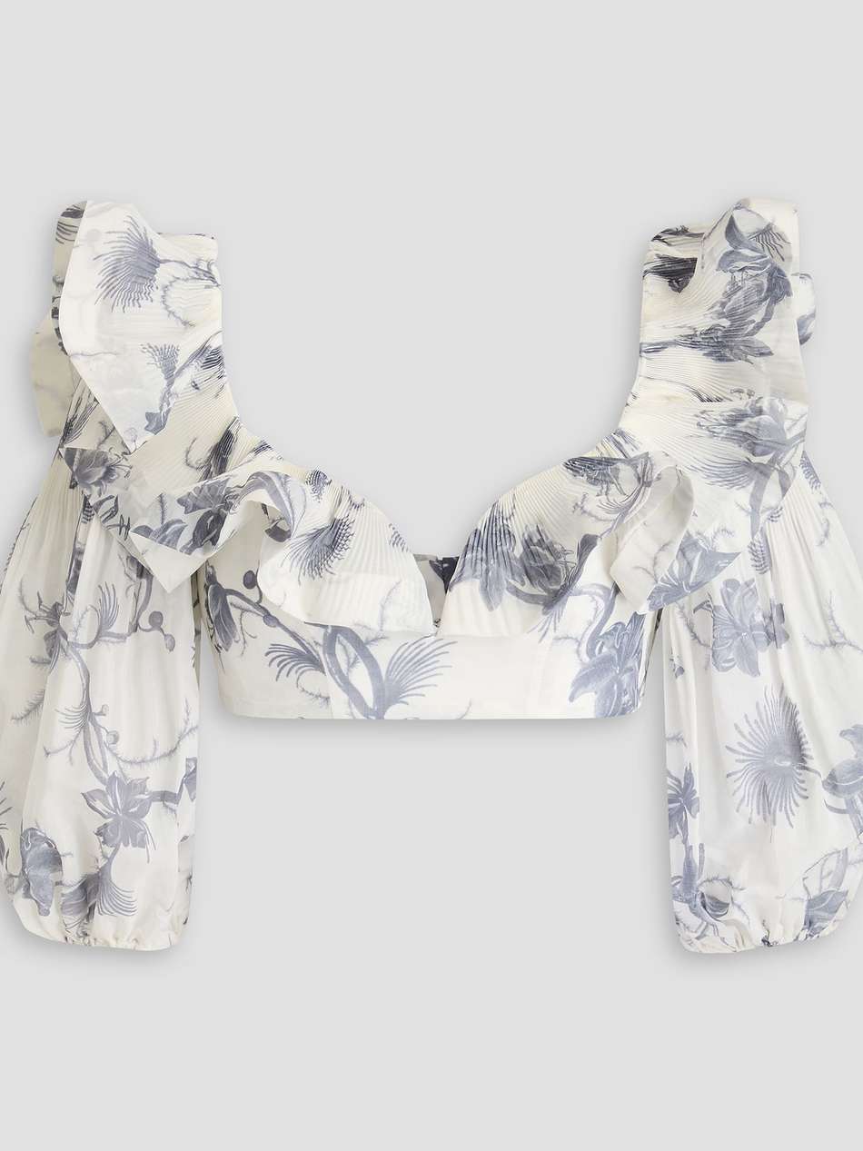 cropped ruffled floral-print plissé-organza top