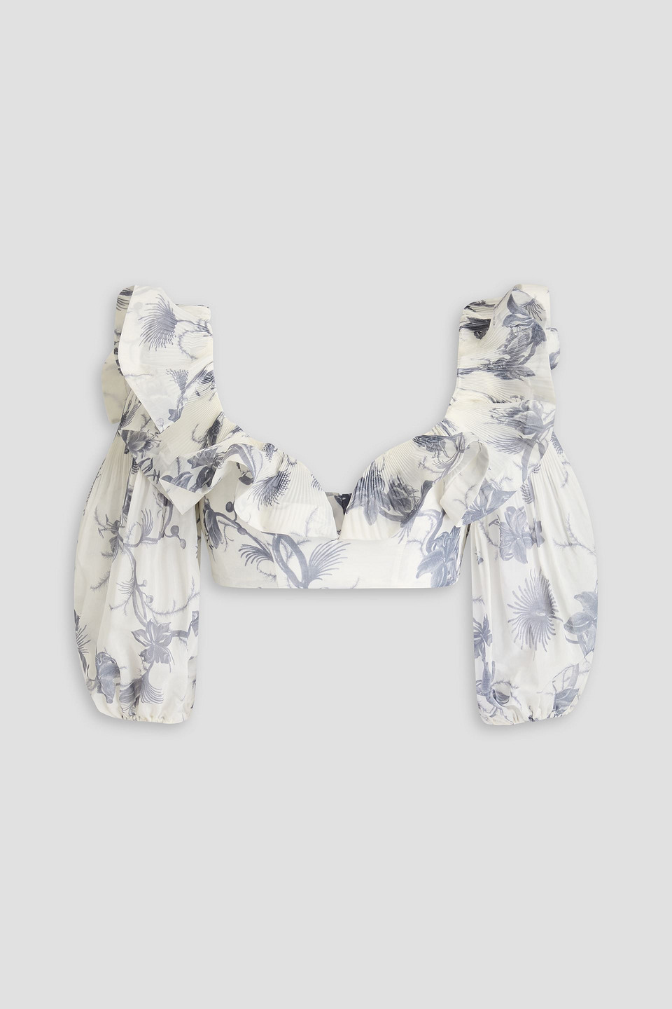 Zimmermann Cropped Ruffled Floral-print Organza Top In Off-white