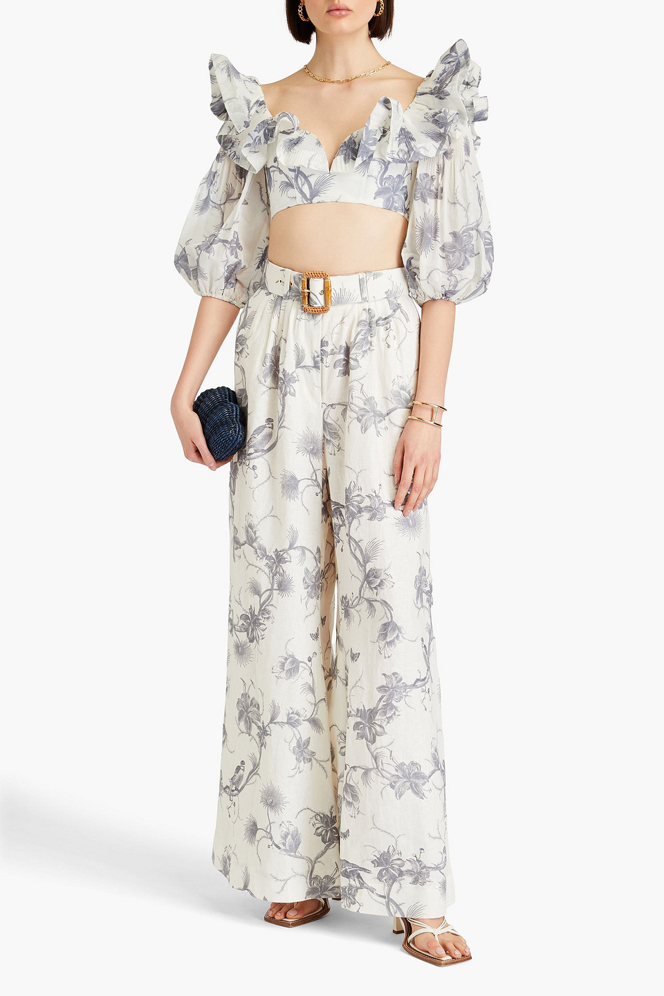 Zimmermann Cropped Ruffled Floral-print Organza Top In Off-white