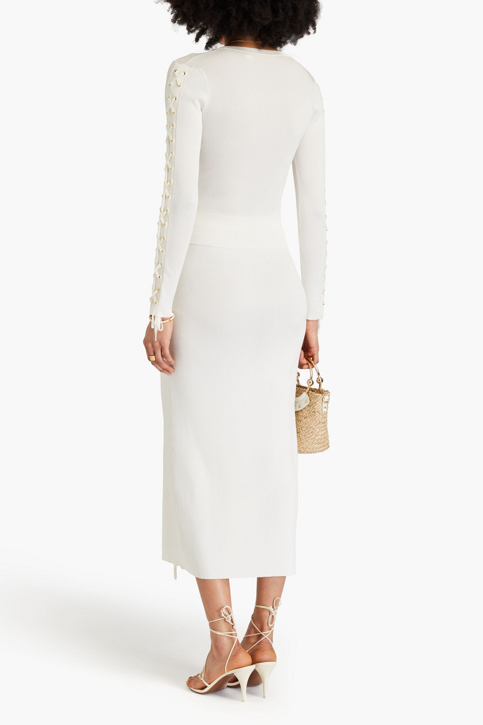 ZIMMERMANN LACE-UP RIBBED-KNIT MIDI SKIRT