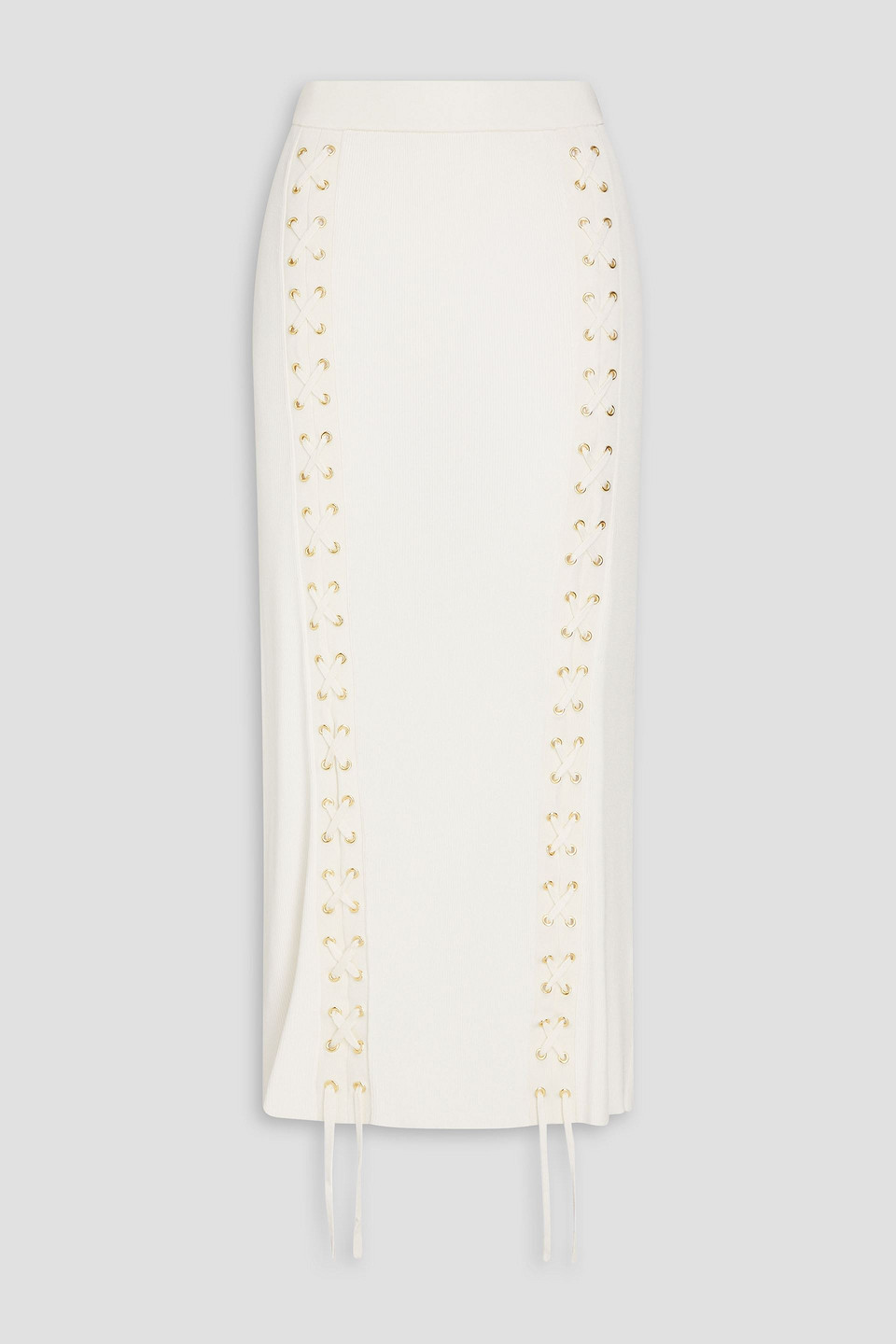 Zimmermann Lace-up Ribbed-knit Midi Skirt In Ecru