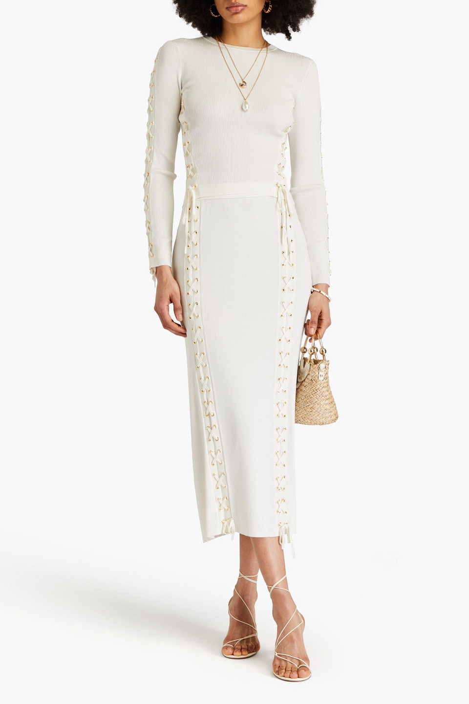 ZIMMERMANN LACE-UP RIBBED-KNIT MIDI SKIRT