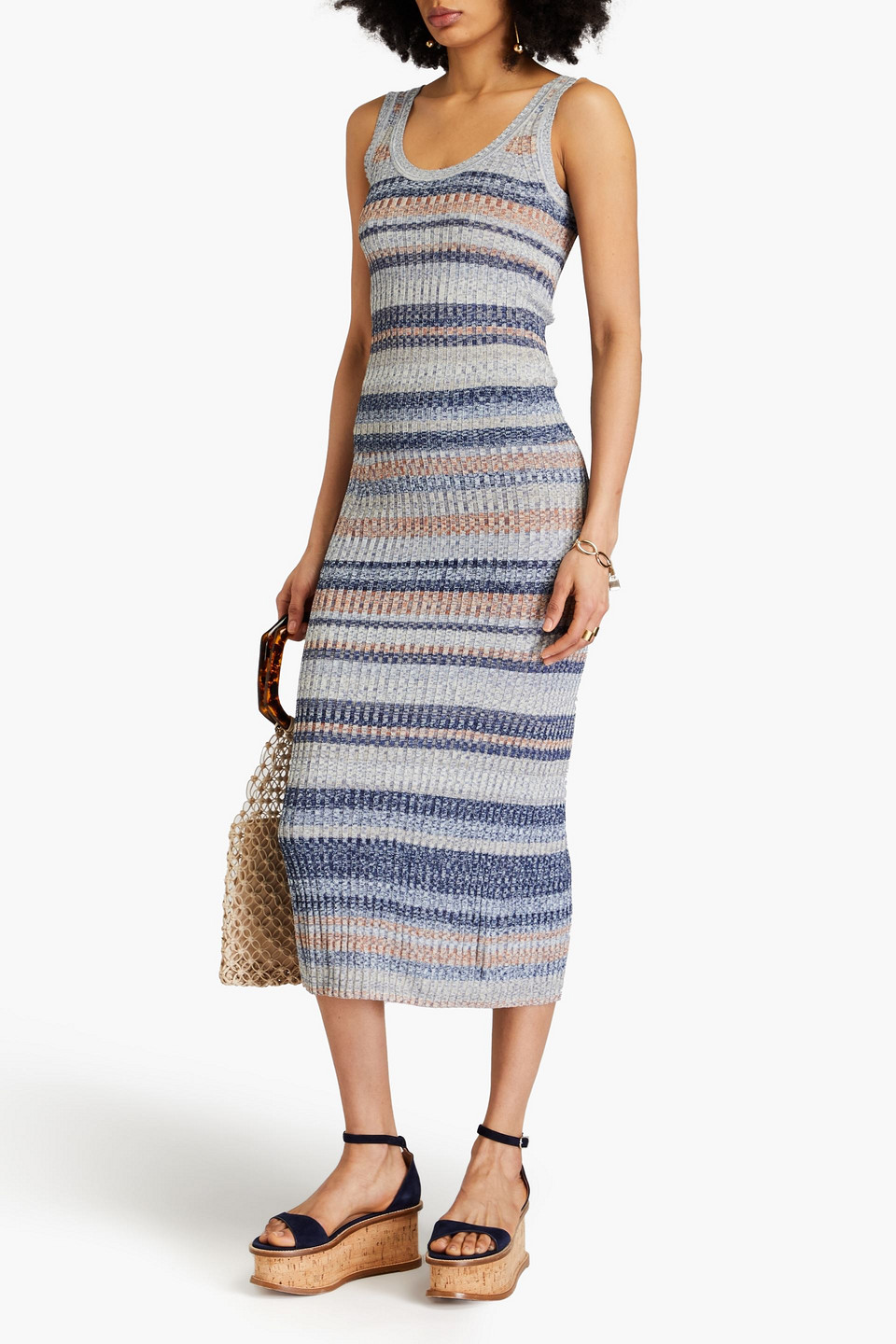 Shop Zimmermann Striped Ribbed-knit Midi Skirt In Blue