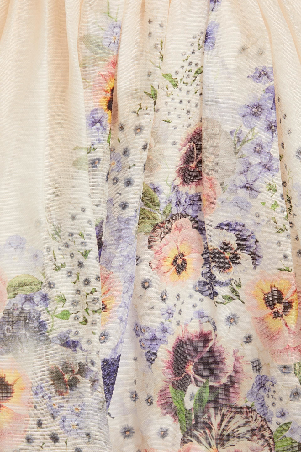Zimmermann Shirred Floral-print Linen And Silk-blend Mini Skirt In Purple