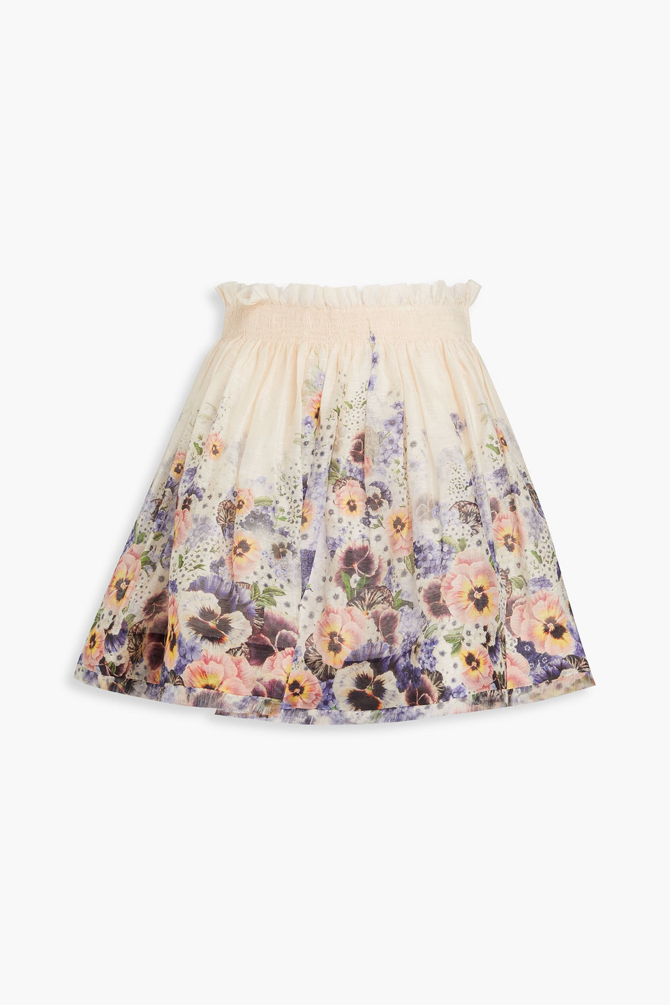 Shirred floral-print linen and silk-blend mini skirt