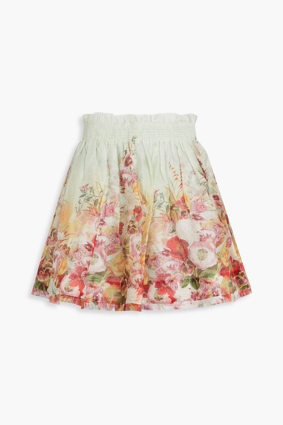 Shop Zimmermann Floral-print Linen And Silk-blend Organza Mini Skirt In Light Green