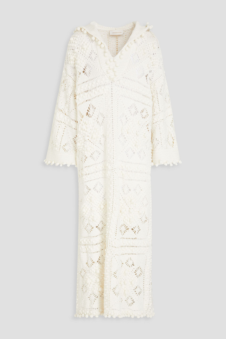 Zimmermann Crochet-knit Cotton Hooded Kaftan In Off-white