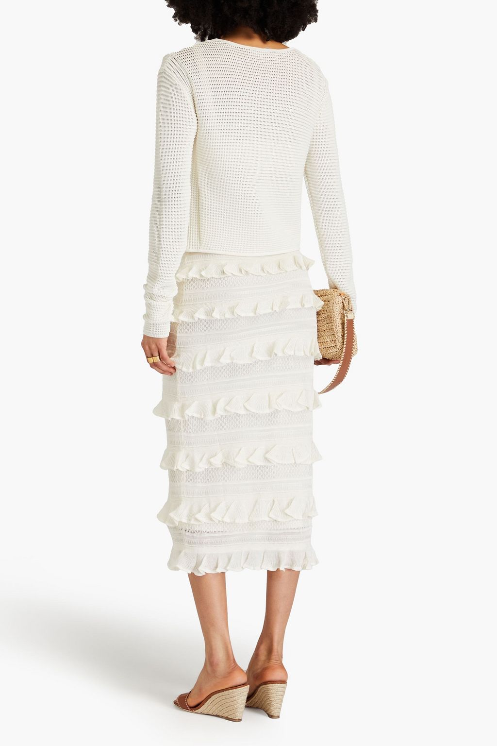 ZIMMERMANN Ruffled pointelle-knit midi skirt