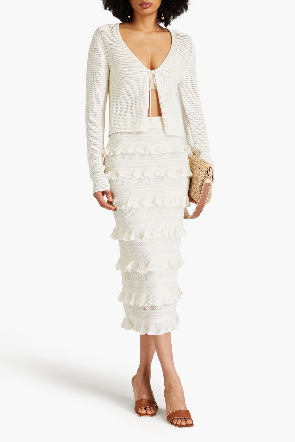ZIMMERMANN Ruffled pointelle-knit midi skirt