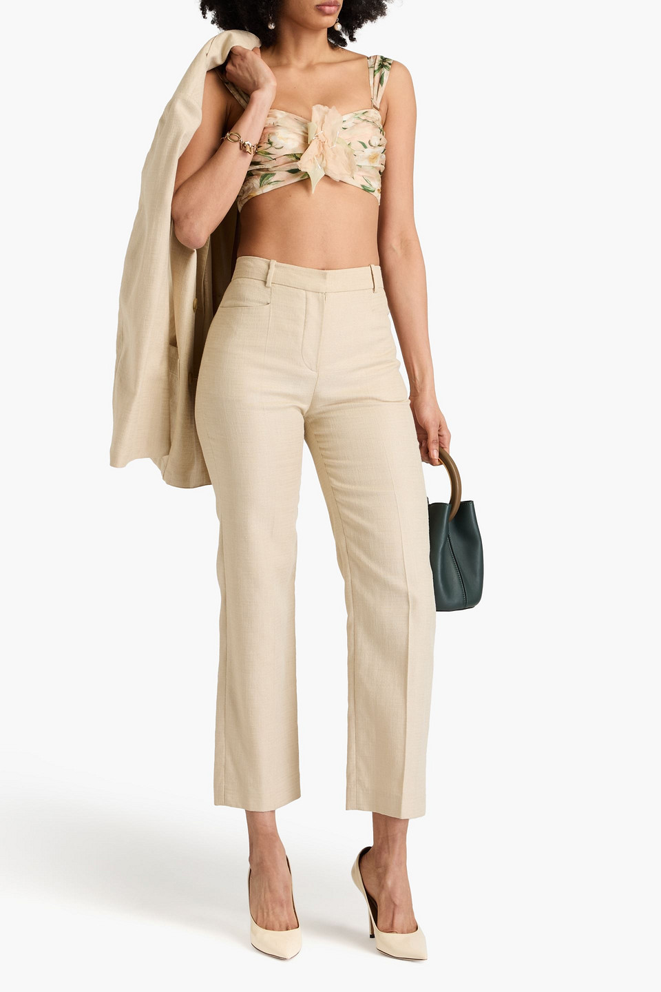 Shop Zimmermann Floral-print Linen And Silk-blend Bra Top In Neutral