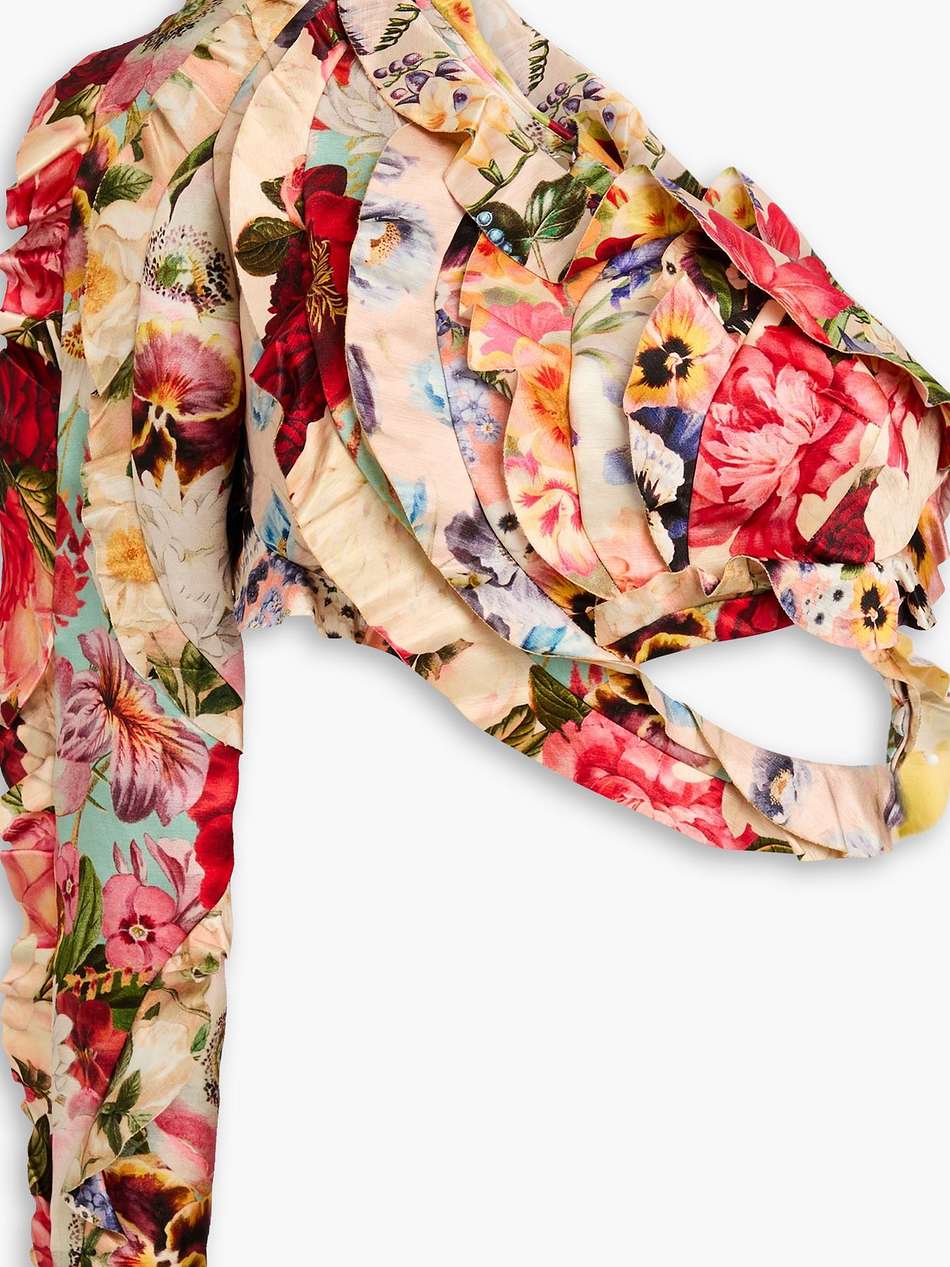 one-shoulder cropped floral-print linen and silk-blend top