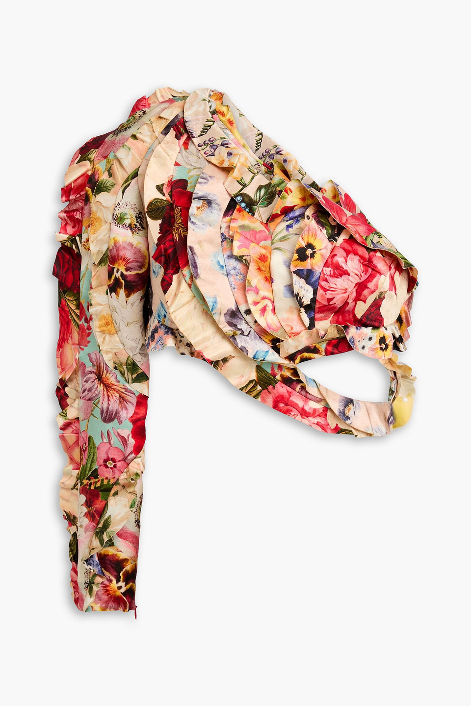 Zimmermann One-shoulder Cropped Floral-print Linen And Silk-blend Top In Blush