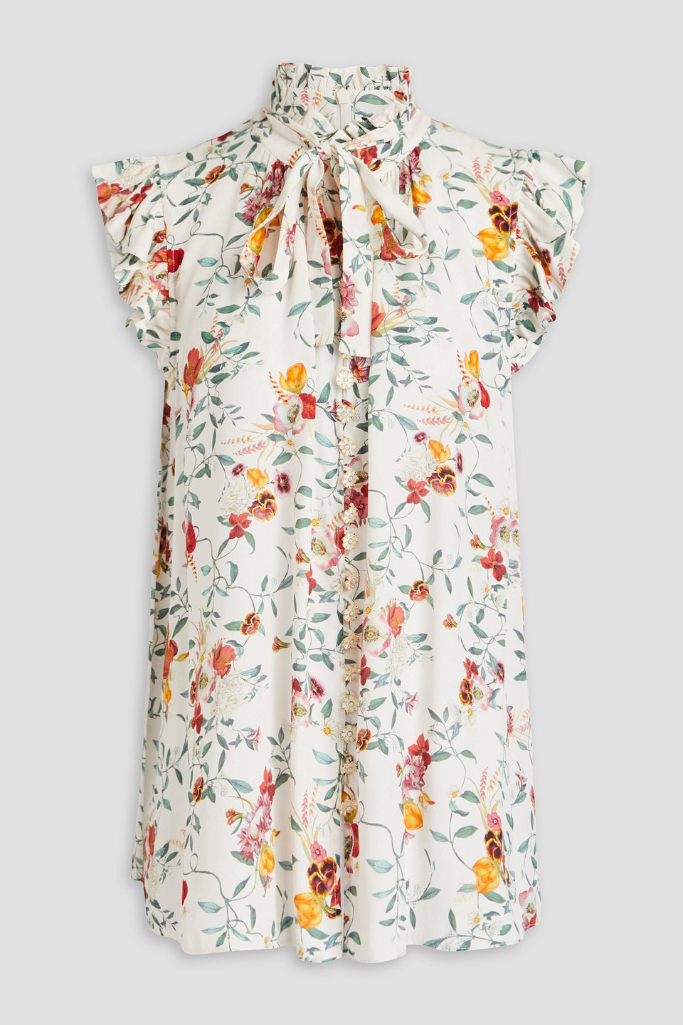 Zimmermann Pussy-bow Floral-print Crepe De Chine Top In Off-white