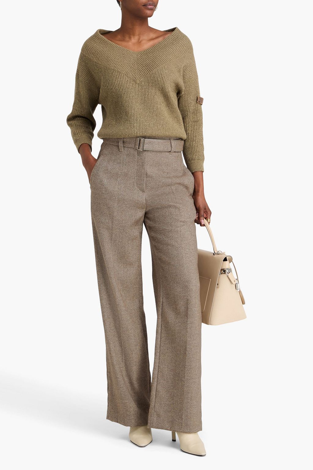 BRUNELLO CUCINELLI Hose mit weitem Bein aus Twill aus einer Wollmischung mit Fischgratmuster und Gürtel