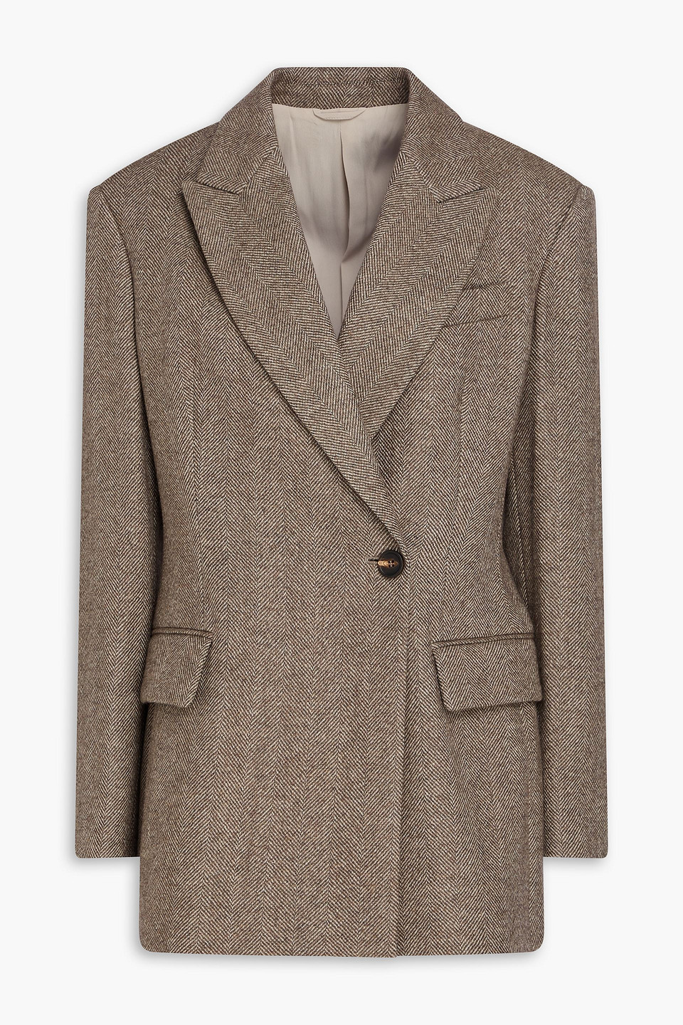 Brunello Cucinelli Double-breasted Herringbone Wool-blend Felt Blazer In Brown