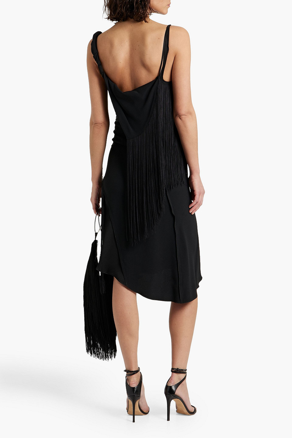 Victoria Beckham Asymmetric Fringed Satin-crepe Midi Dress In Black