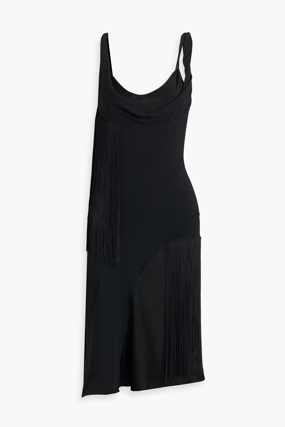 Victoria Beckham Asymmetric Fringed Satin-crepe Midi Dress In Black