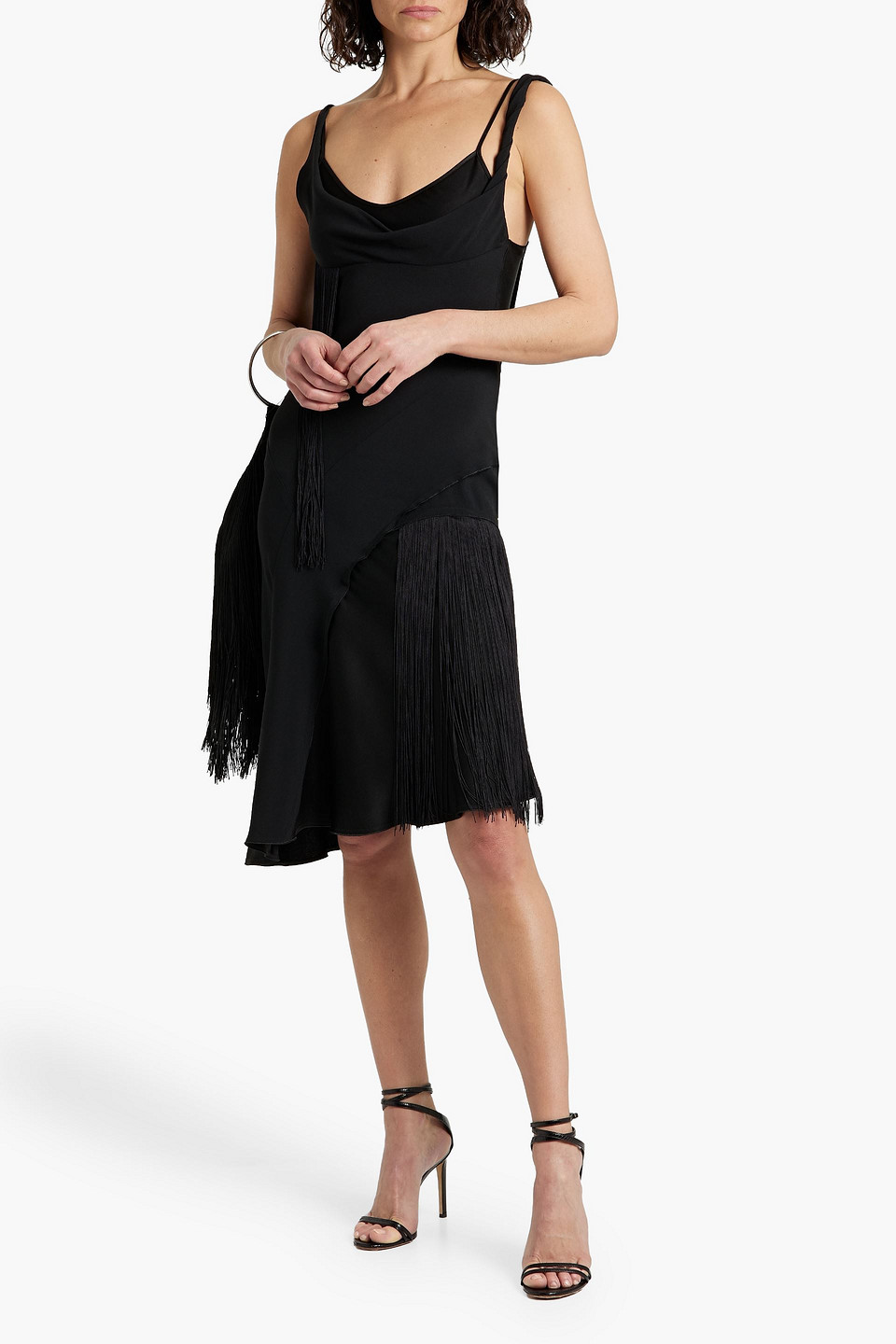 Victoria Beckham Asymmetric Fringed Satin-crepe Midi Dress In Black