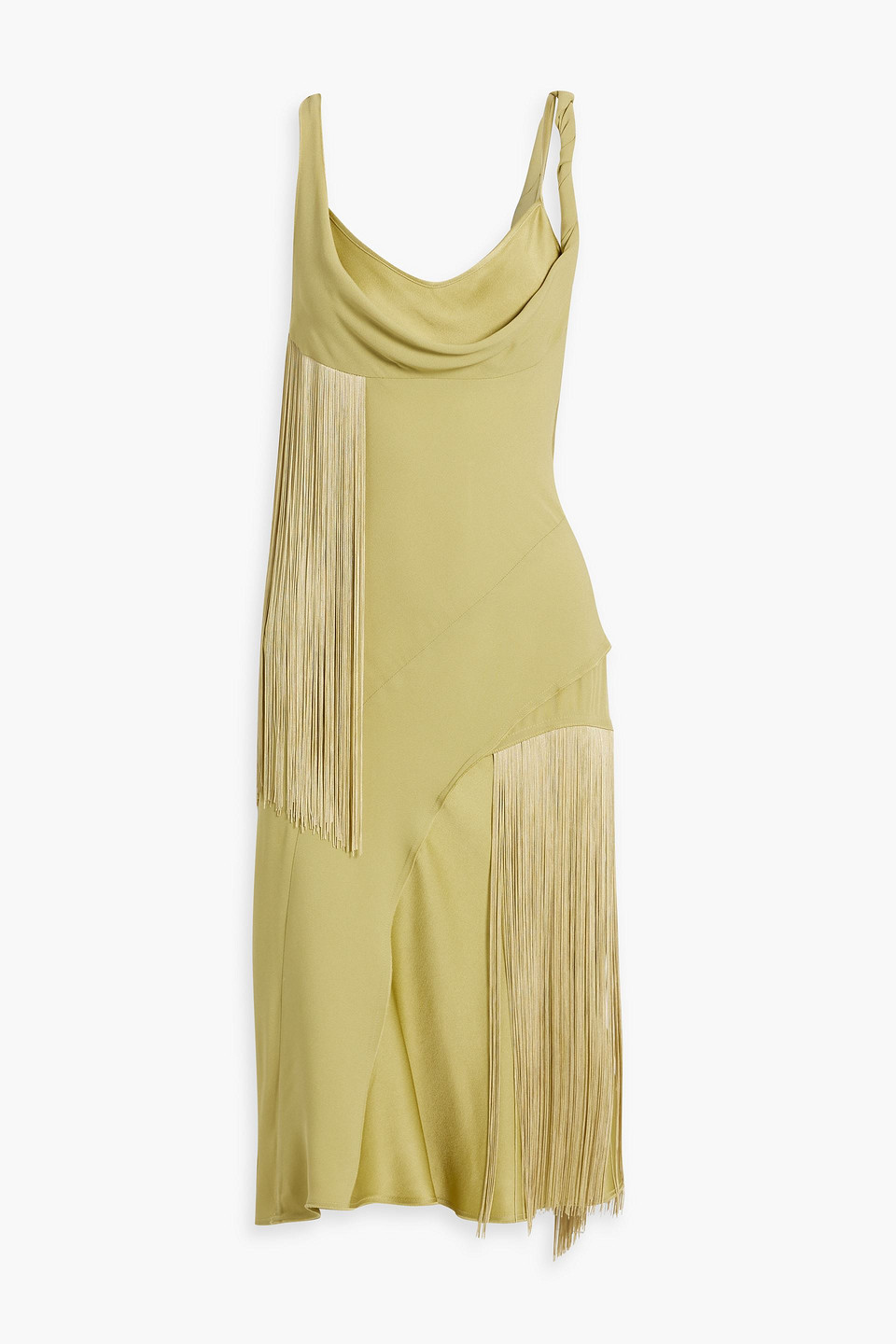 Victoria Beckham Fringed Draped Crepe Dress In Sage Green