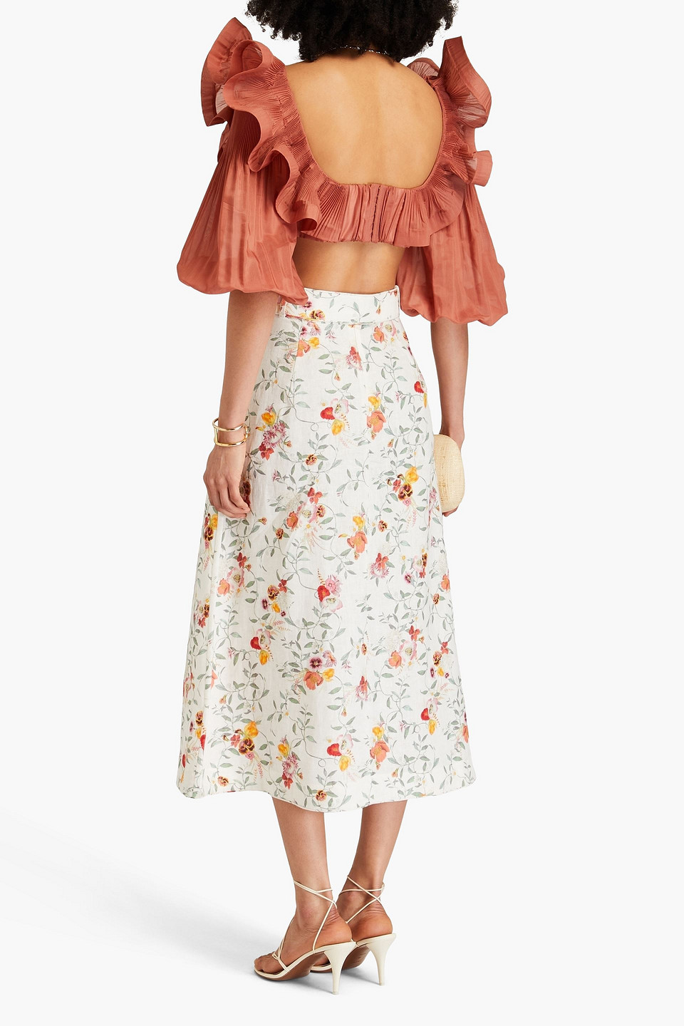 Zimmermann Belted Floral-print Linen Midi Skirt In Ivory