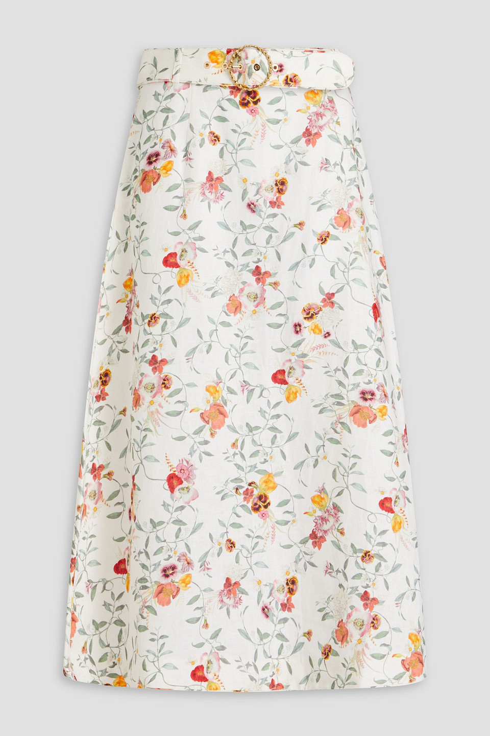 Zimmermann Belted Floral-print Linen Midi Skirt In Ivory